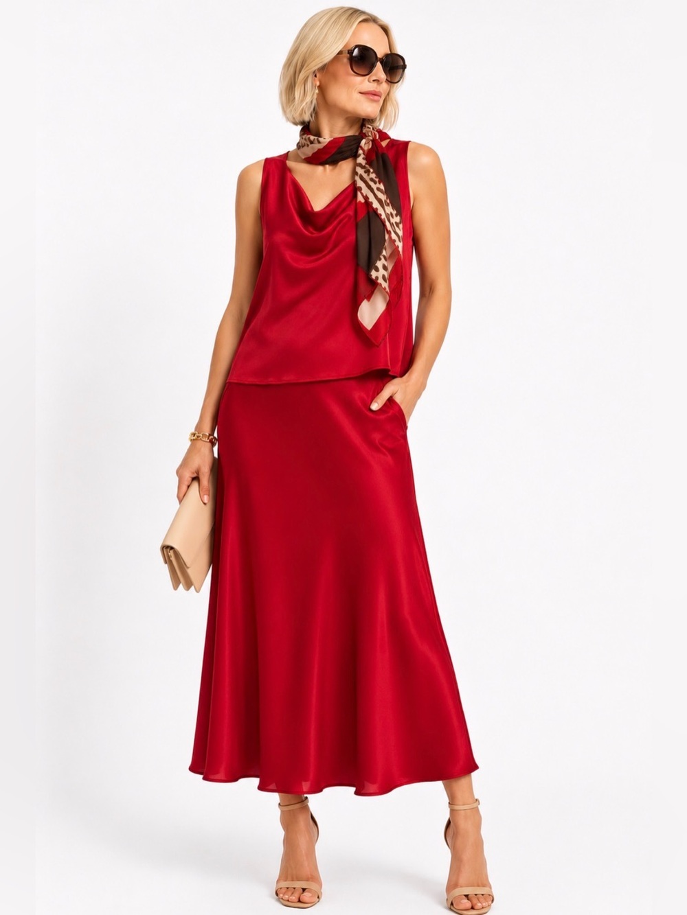 LOFT Elegant Red Satin Drape Tank (L)  and A-Line Skirt (S)